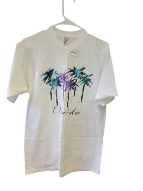 90s Jerzees White Tee with Teal & Purple Palm Graphic Nwt